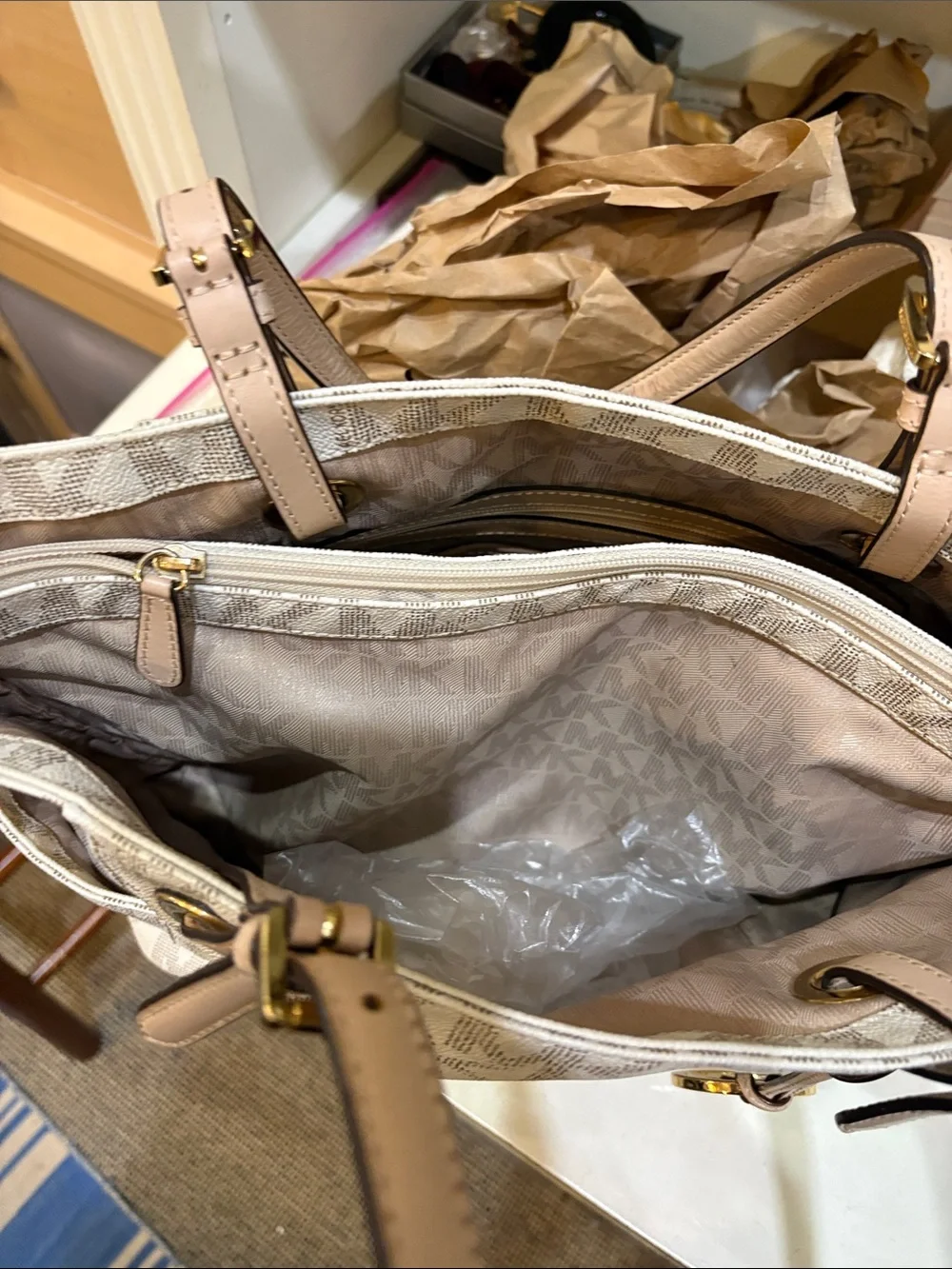 Michael Kors Ivory/Taupe Signature MK Tote with Leather Straps